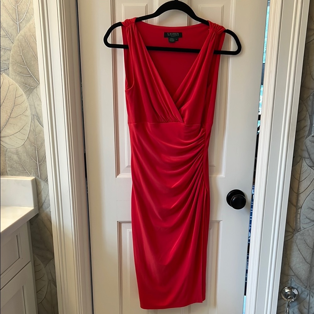 Karen Millen Red Sleeveless Ruched Sheath Dress